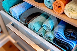 drawer full of rolled microfiber cleaning cloths