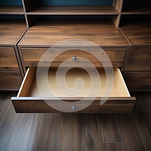 Drawer perspective Top view of an opened, invitingly empty drawer