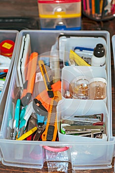 Drawer with stationaries. Organising and decluttering