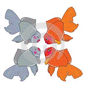Drawing 2 silver fish and 2 goldfish on a white background.