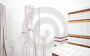 Drawing abstract architectural white interior from an array of spheres with large windows. 3D illustration