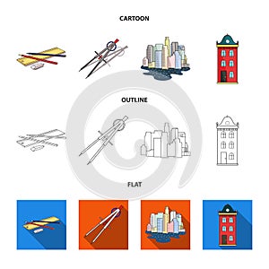 Drawing accessories, metropolis, house model. Architecture set collection icons in cartoon,outline,flat style vector