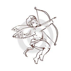 Drawing of adorable Cupid with bow aiming or shooting arrow isolated on white background. God of romantic love, passion photo