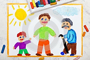 Drawing: Aging process and life cycle. A child, an adult and an elderly person