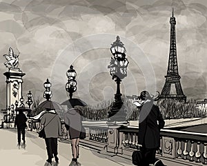 Drawing of Alexander III bridge in Paris showing Eiffel tower