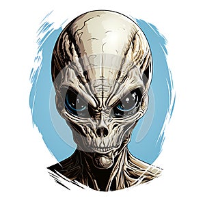 Drawing of alien head with blue eyes and bald head. Generative AI