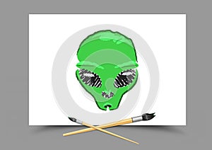 Drawing alien on white paper