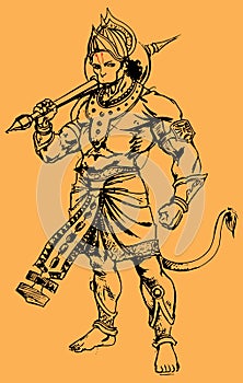 Drawing of Angry Body Build Standing Lord Hanuman with his Weapon Gada photo