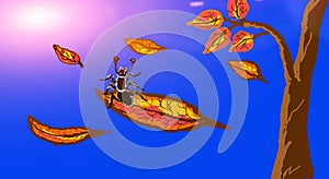 Drawing Of Ant Flying In The Sky, With Autumn Leaves, And Standing Tree, Opposed Sky, On Sunrise Background.