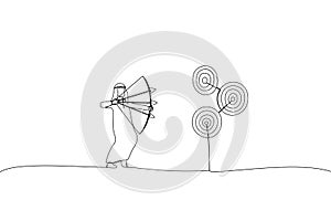 Drawing of arab businessman aiming multiple bows on three targets. Metaphor for multitasking or multiple purpose strategy, aiming