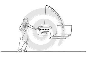 Drawing of arab businessman with credit card almost get scammed by submit password concept of phishing. Single continuous line art