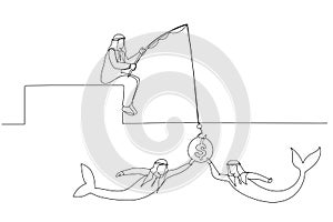 Drawing of arab businessman fishing human resource mermaid man concept of hunting talent. Single continuous line art