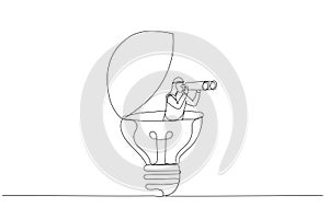 Drawing of arab businessman open lightbulb idea using binoculars to see business vision. Creativity to help. Continuous line art