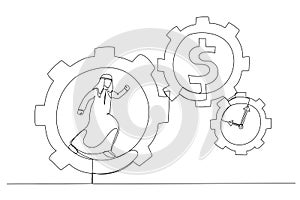 Drawing of arab businessman running with full effort inside gear cogs. Effort and time resulted money concept. Single line art