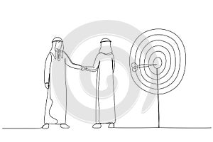 Drawing of arab businessman shake each other's riches. Metaphor for successful deal. Single continuous line art style