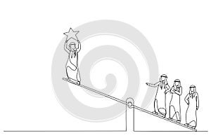 Drawing of arab businessman on a swing and outweighs them to get a star from the sky. Continuous line art