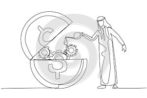 Drawing of arab man put lubricant oil on opening gold coin concept of financial liquidity. One line art style