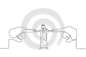Drawing of arab man resisting pressure from two pointing giant hand. Single line art style