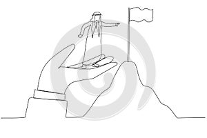 Drawing of arab man stand on giant helping hand to reach top of mountain target flag. Continuous line art