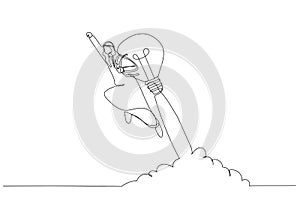 Drawing of arab muslim businessman launch himself with lightbulb concept of idea rocket. Single line art style