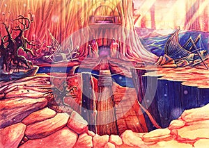 Drawing art beautiful forest landscape, watercolor fantasy canyone painting with sun light, rocks, stones, trees, hand drawn paint