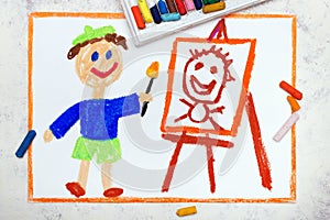 drawing : Artist painting a portrait. Painter and picture on easel