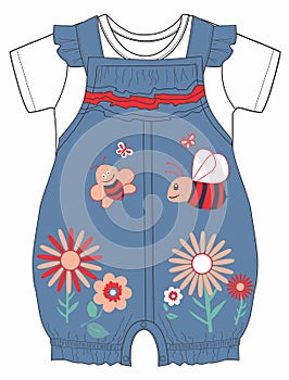 Drawing Of a baby girls dungaree hey bee outline print Vector ar