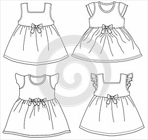 Drawing Of a baby girls frokcs with bow outline print Vector art