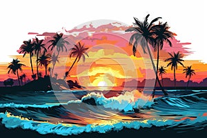 drawing of a beach with the sea and palm trees at sunset. Generated by AI