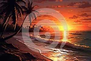 drawing of a beach with the sea and palm trees at sunset. Generated by AI