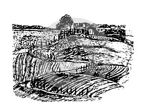 Drawing beautiful landscape of Tuscany fields with the ruins of the castle on the hill sketch hand drawn illustration