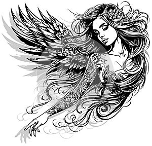 Drawing of a Beautiful Woman as an Angel with Long Flowing Hair