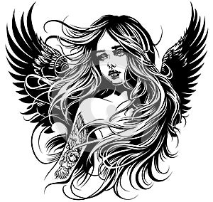 Drawing of a Beautiful Young Girl as an Angel with Long Flowing Hair