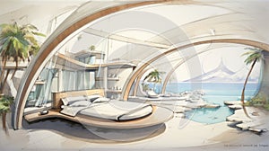 A drawing of a bedroom with a bed and a view of the ocean, AI