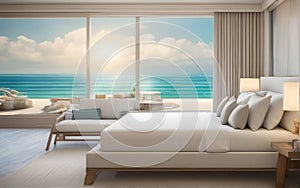 drawing bedroom with open large glass door beach front seabreeze on sea view beach hotel luxury house and villa