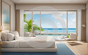 drawing bedroom open large glass door beach front seabreeze sunbed on sand of hotel luxury house and villa