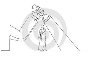 Drawing of big hand holding a flashlight uncovering hidden arrow sign for businesswoman that wearing jilbab. Single continuous