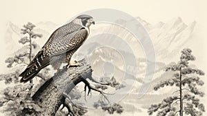 Drawing of bird perched on tree branch. Suitable for nature-themed projects