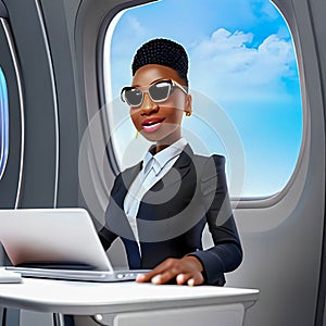 Drawing of black skinned businesswoman with computer for traveling by plane