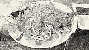 Drawing black and white of dry noodle