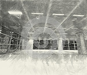 Drawing black and white of empty room