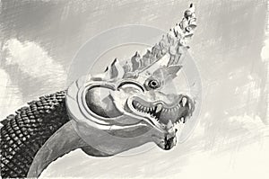 Drawing black and white of nagas dragon statue