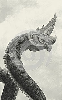 Drawing black and white of nagas dragon statue