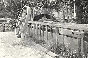 Drawing black and white of old Water wheels in country Thailand