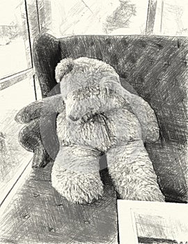 Drawing black and white of teddy bear on sofar