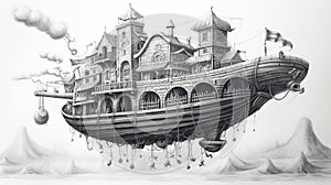 a drawing of a boat floating in the air with a castle on top of it. generative ai
