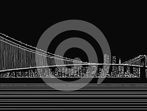 A Drawing Of A Bridge With A City In The Background - Brooklyn bridge and manhattan skyline