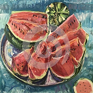 Drawing of bright watermelon cut slice