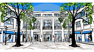 A Drawing Of A Building With Trees And People Walking - Rodeo Drive of Beverly Hills