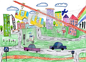 Drawing of the buildings and cars. Happy family on a walk. Pencil art in childish style